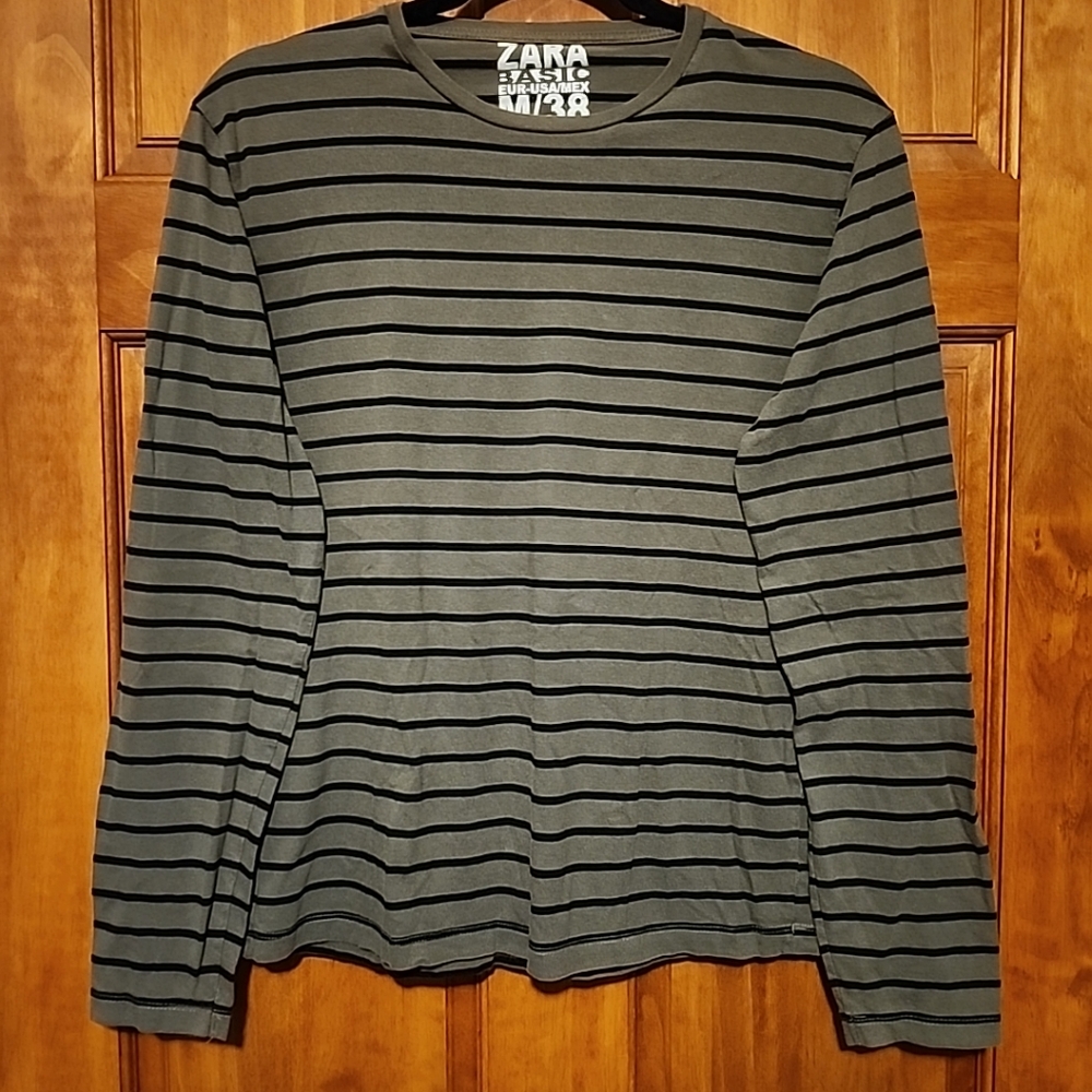 Zara olive green striped shirt Sz M/38 Comfort Wear tagless